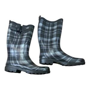 Capelli New York Women’s Rain Boots Size 8 Gray Plaid Rubber Knee High GC